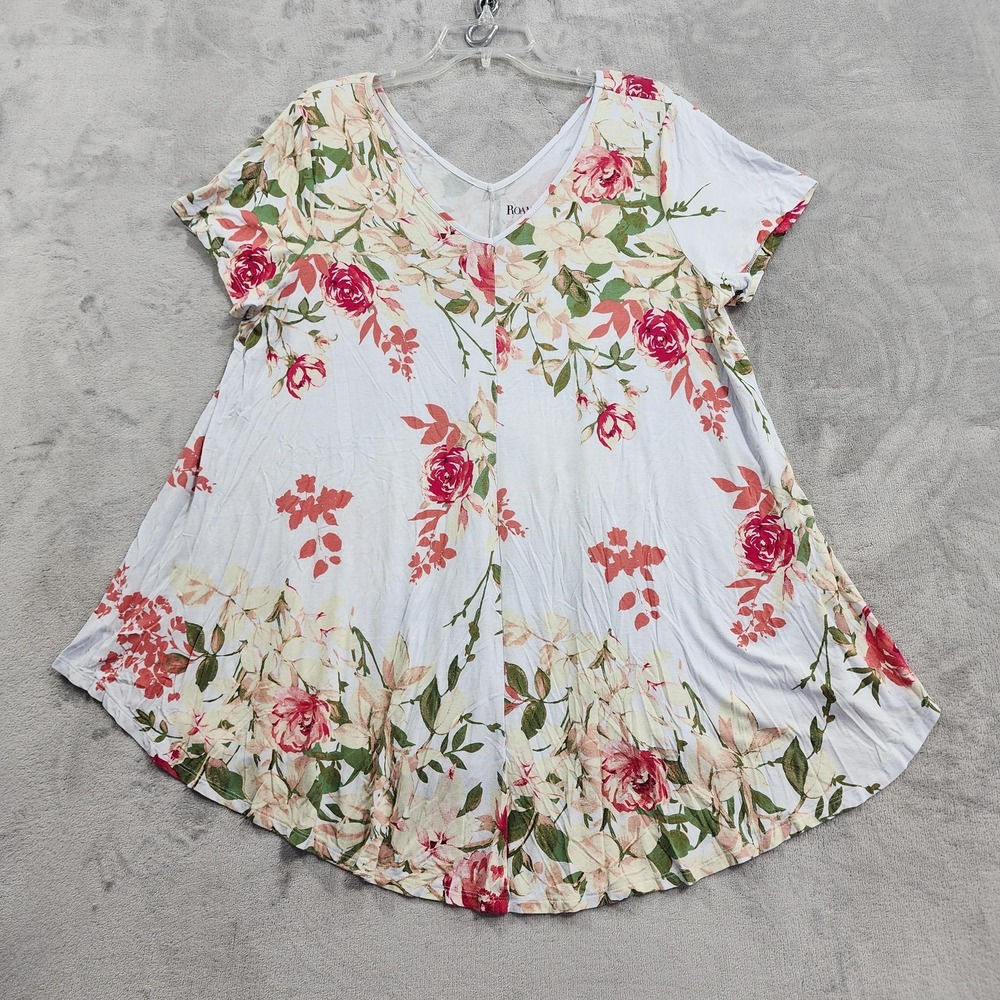 Roaman's Top Womens 18/20 White Floral V-Neck Short Sleeve Swing Tunic Flowy